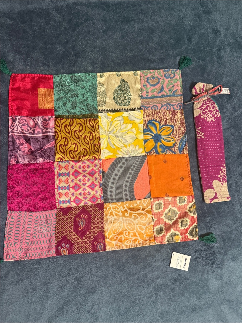 EB Denim Reversible Multicolor Patchwork Floral Scarf Wrap with Tassel Accent